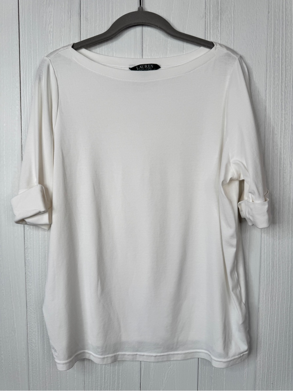 Lauren Ralph Lauren Solid White Boat Neck Tee Folded Sleeve Minimalist - 1X